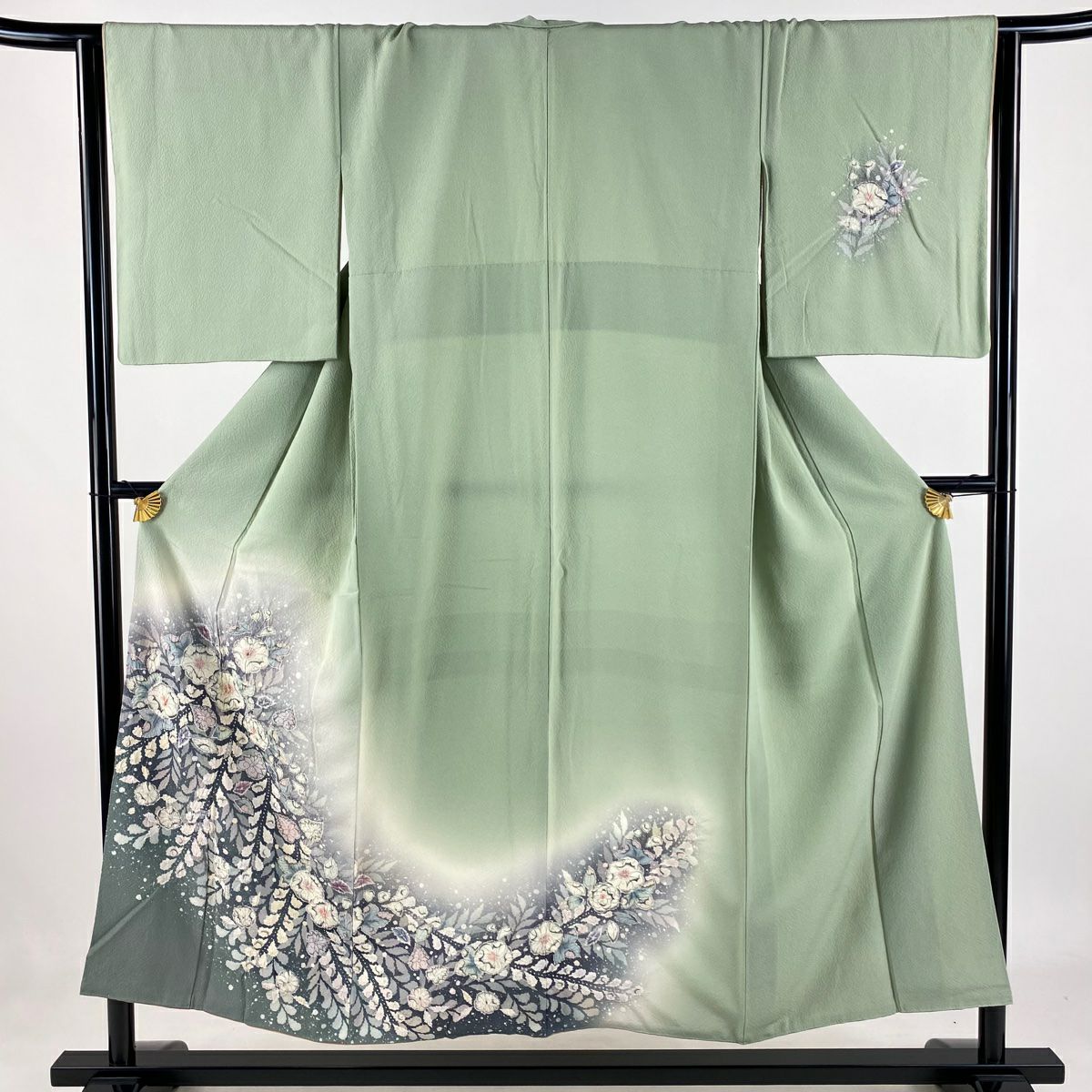 【庫存清倉】 付下 身長150.5cm 袖長65cm M 雙層 辻花染 漸層 絞織 淺綠 純蠶絲 名品級