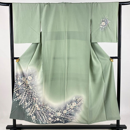 【庫存清倉】 付下 身長150.5cm 袖長65cm M 雙層 辻花染 漸層 絞織 淺綠 純蠶絲 名品級