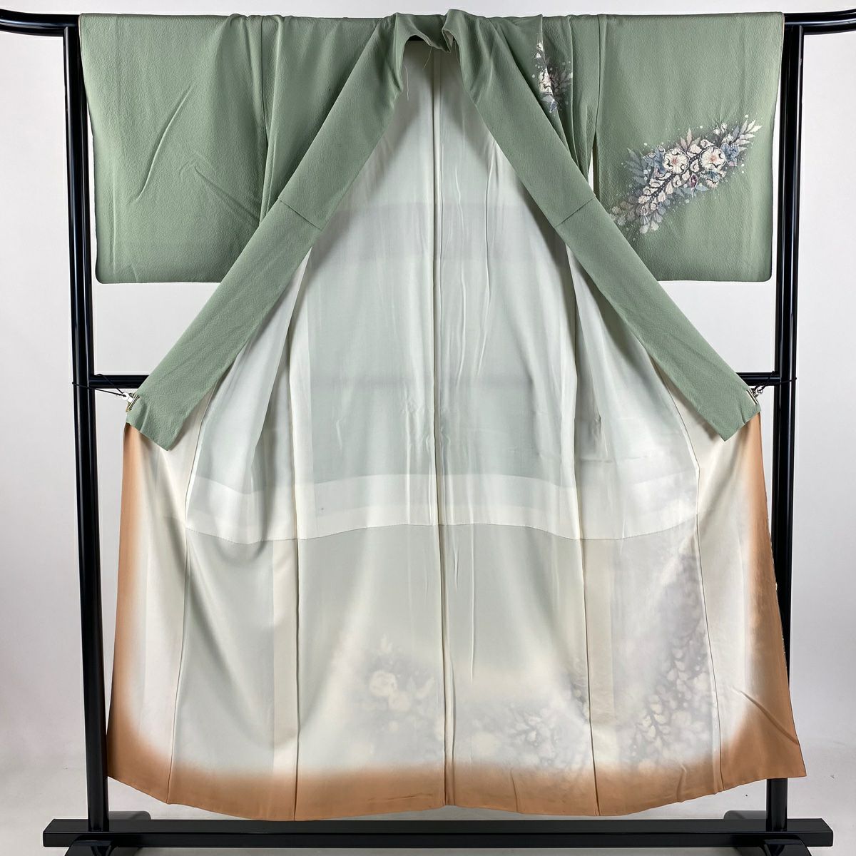 【庫存清倉】 付下 身長150.5cm 袖長65cm M 雙層 辻花染 漸層 絞織 淺綠 純蠶絲 名品級
