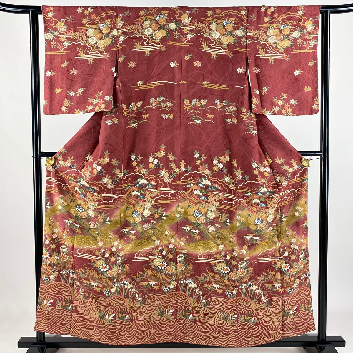【庫存清倉】訪問服 身長155.5cm 袖長61.5cm S 雙層 波 松樹竹子梅花 金銀彩 漸層 深粉紅 純蠶絲 名品級