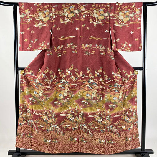 【庫存清倉】訪問服 身長155.5cm 袖長61.5cm S 雙層 波 松樹竹子梅花 金銀彩 漸層 深粉紅 純蠶絲 名品級