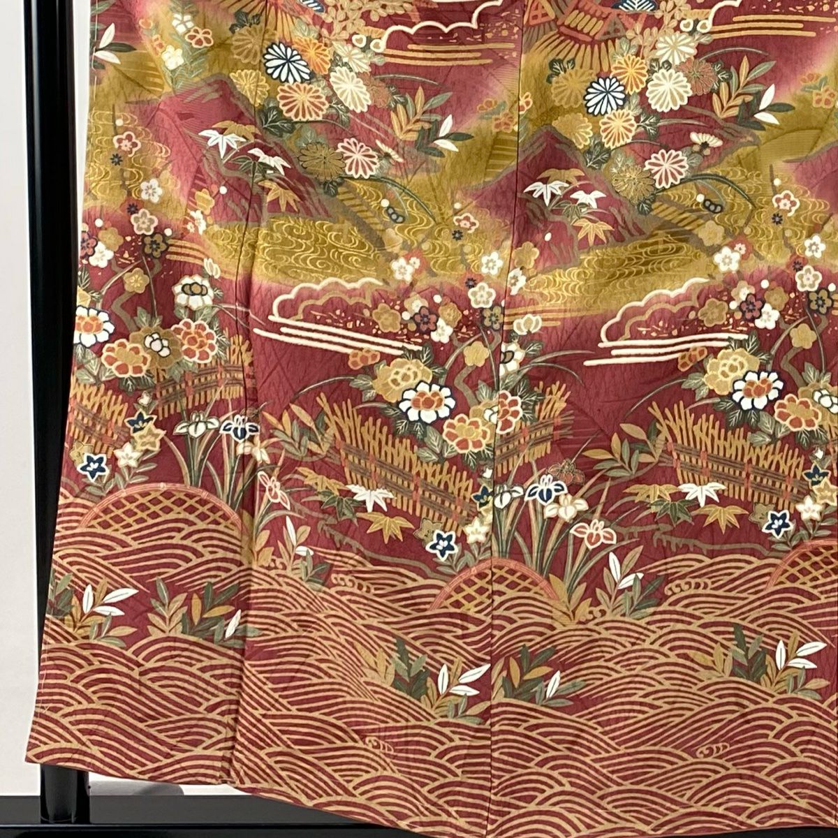 【庫存清倉】訪問服 身長155.5cm 袖長61.5cm S 雙層 波 松樹竹子梅花 金銀彩 漸層 深粉紅 純蠶絲 名品級