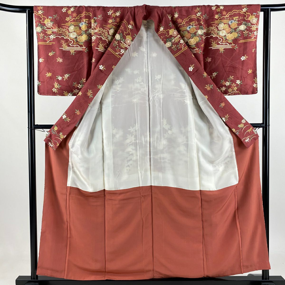 【庫存清倉】訪問服 身長155.5cm 袖長61.5cm S 雙層 波 松樹竹子梅花 金銀彩 漸層 深粉紅 純蠶絲 名品級