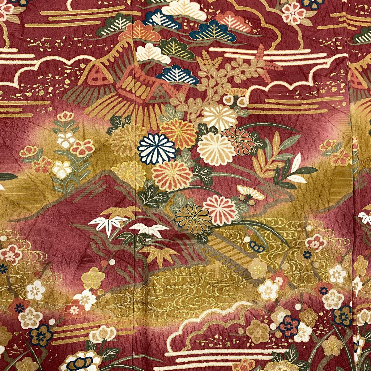 【庫存清倉】訪問服 身長155.5cm 袖長61.5cm S 雙層 波 松樹竹子梅花 金銀彩 漸層 深粉紅 純蠶絲 名品級