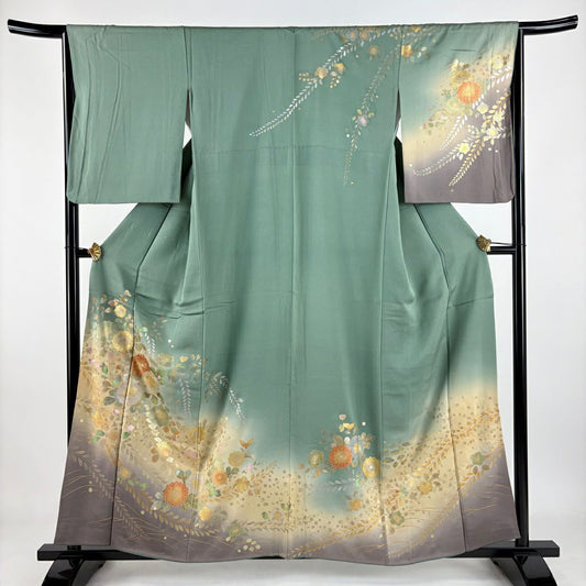 訪問服 身長158cm 袖長65.5cm M 雙層 菊花 藤 金銀彩 漸層 綠 純蠶絲 優品級