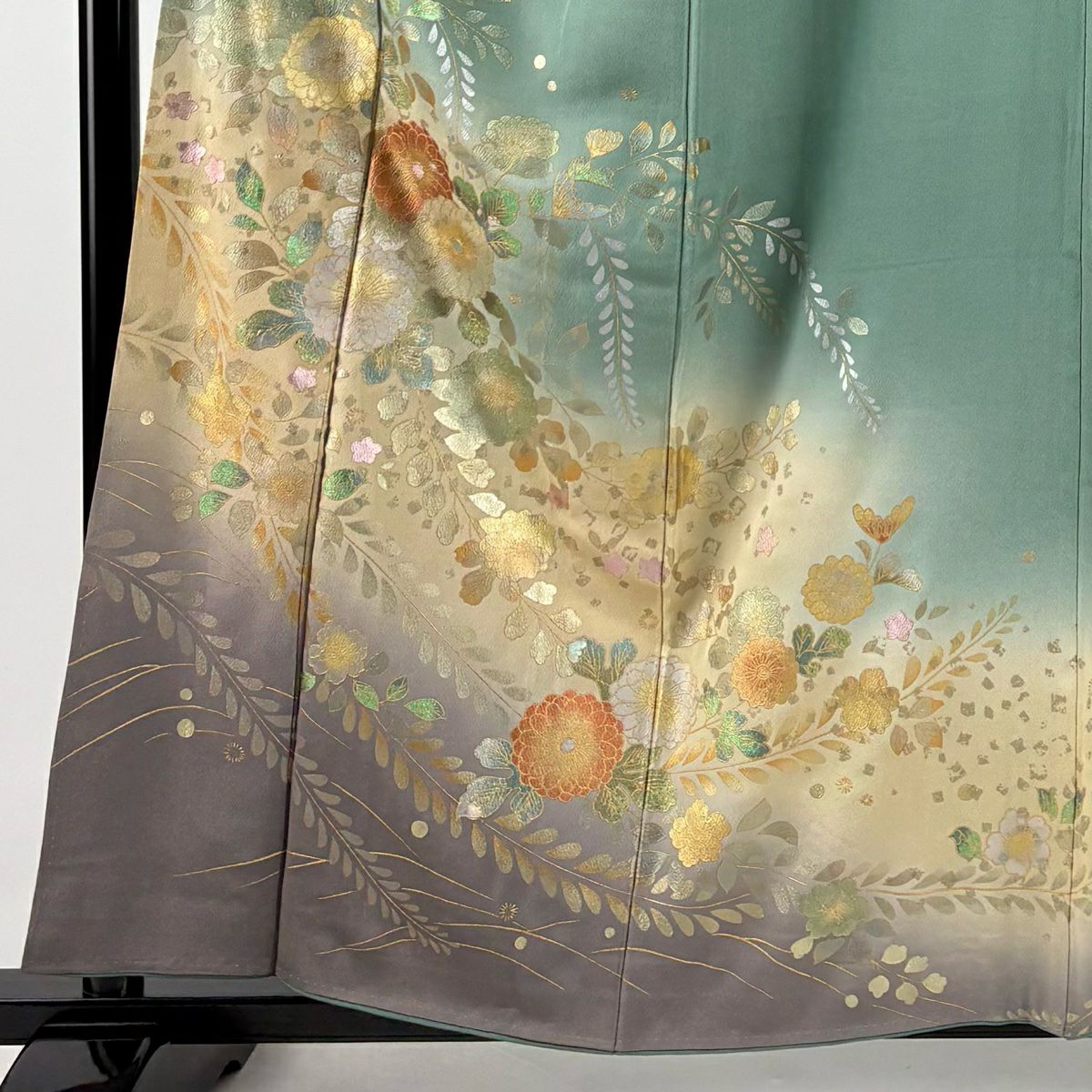 訪問服 身長158cm 袖長65.5cm M 雙層 菊花 藤 金銀彩 漸層 綠 純蠶絲 優品級