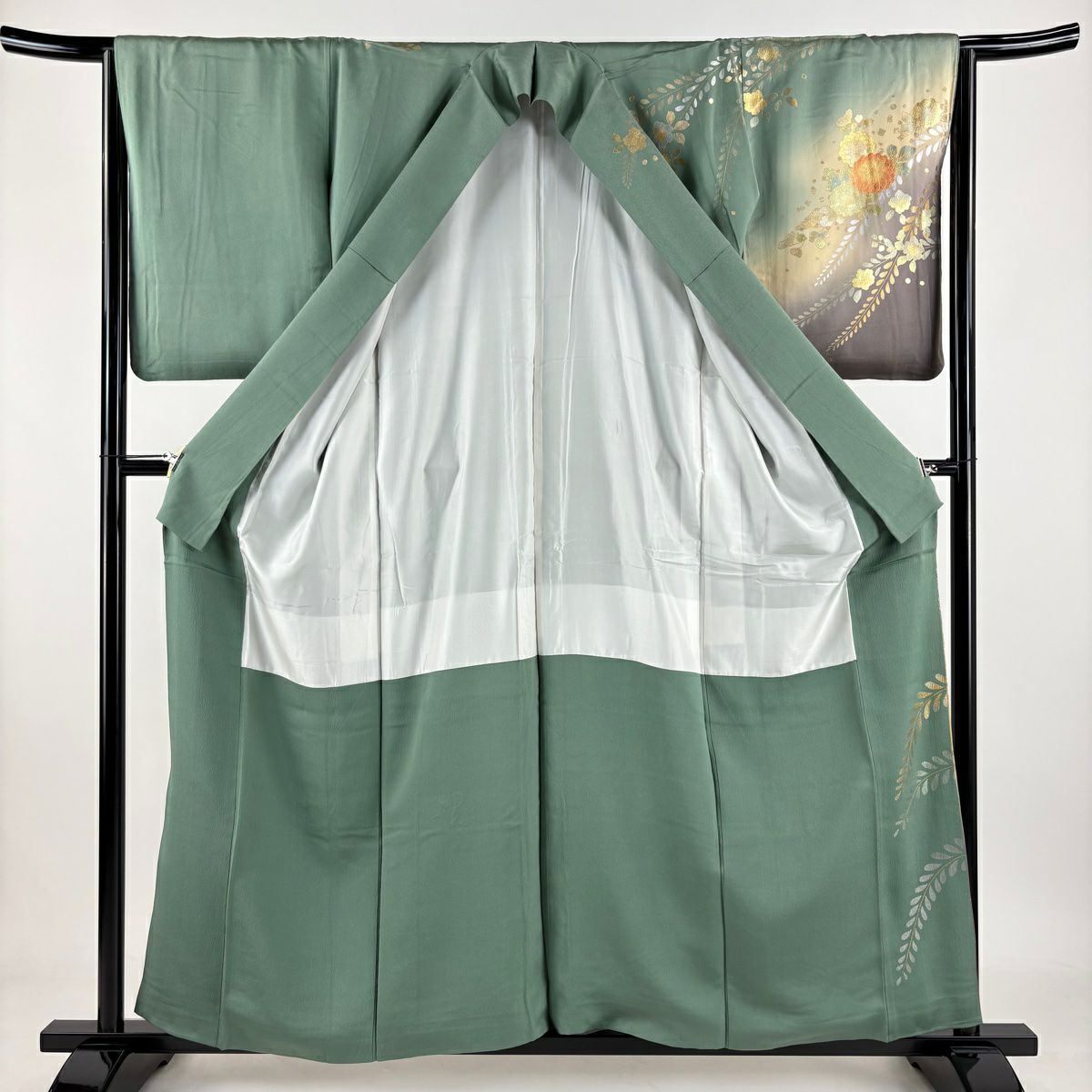 訪問服 身長158cm 袖長65.5cm M 雙層 菊花 藤 金銀彩 漸層 綠 純蠶絲 優品級