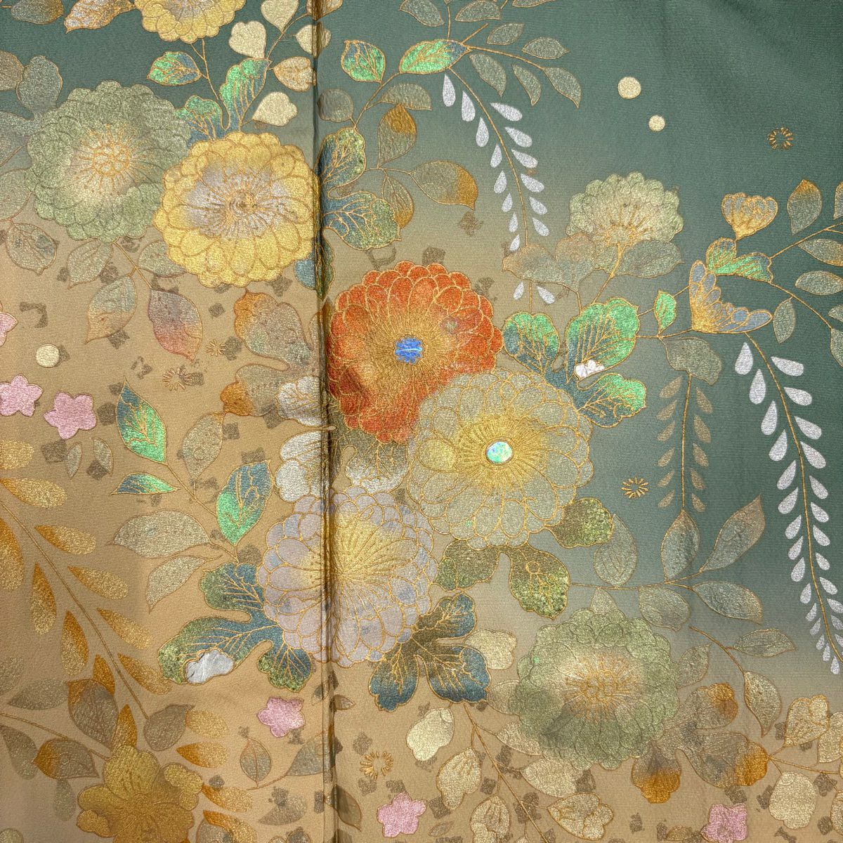 訪問服 身長158cm 袖長65.5cm M 雙層 菊花 藤 金銀彩 漸層 綠 純蠶絲 優品級