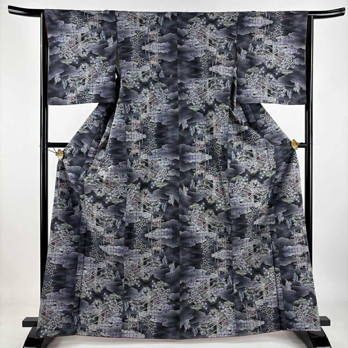 【美品】 紬織 身長165cm 袖長65cm M 雙層 雲紋 人物 黑灰 純蠶絲 秀品級
