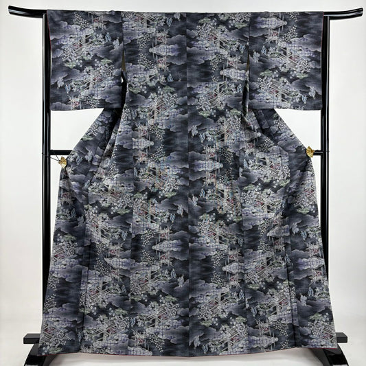 【美品】 紬織 身長165cm 袖長65cm M 雙層 雲紋 人物 黑灰 純蠶絲 秀品級