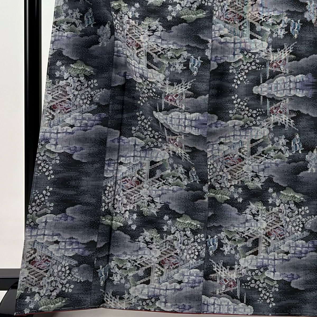 【美品】 紬織 身長165cm 袖長65cm M 雙層 雲紋 人物 黑灰 純蠶絲 秀品級