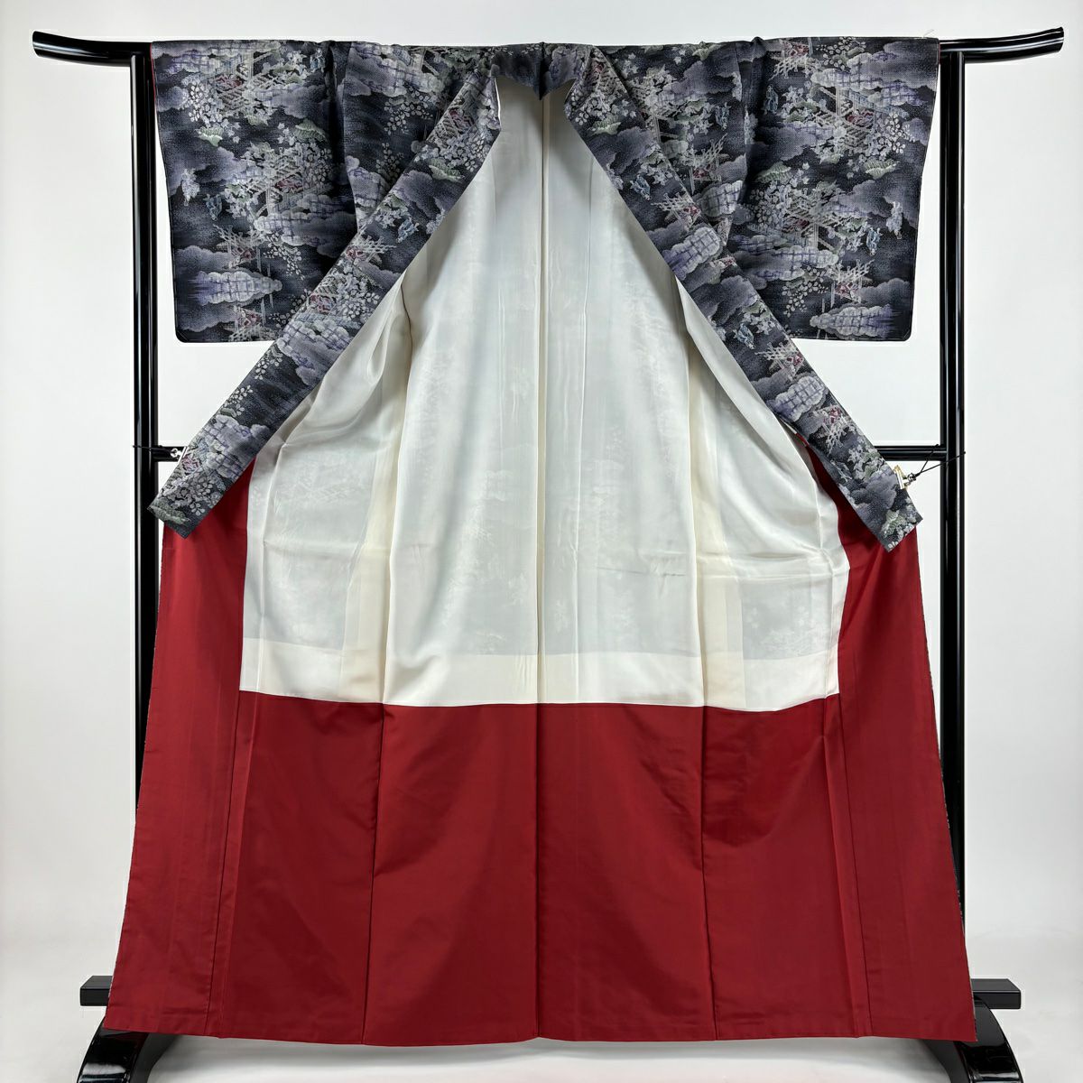 【美品】 紬織 身長165cm 袖長65cm M 雙層 雲紋 人物 黑灰 純蠶絲 秀品級