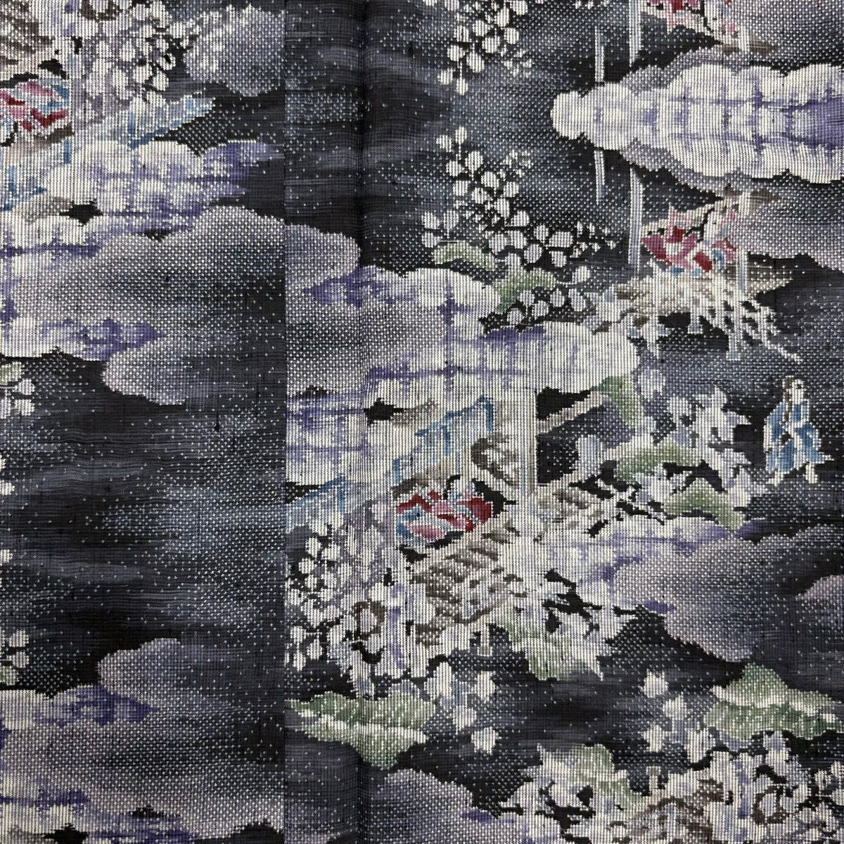 【美品】 紬織 身長165cm 袖長65cm M 雙層 雲紋 人物 黑灰 純蠶絲 秀品級