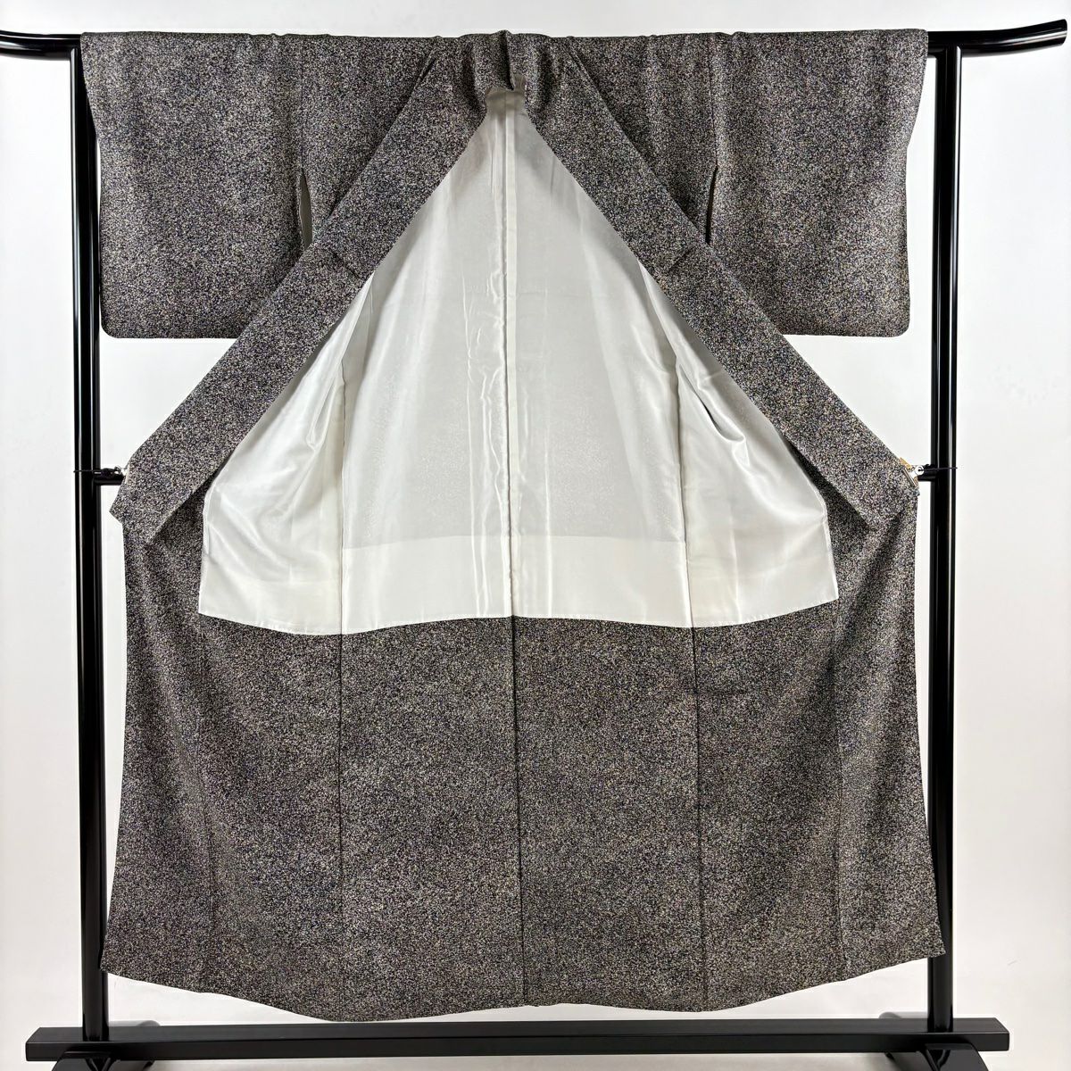 【美品】 小紋 身長152.5cm 袖長64cm M 雙層 幾何學圖案 黑灰 純蠶絲 秀品級