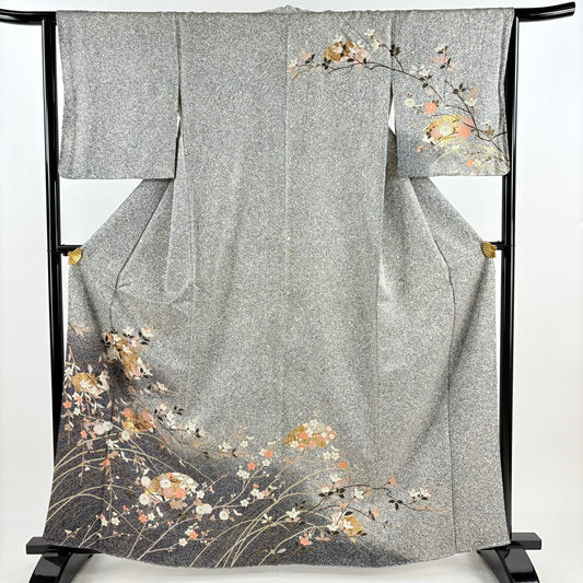 訪問服 身長163.5cm 袖長64cm M 雙層 扇子面 菊花 金彩裝飾 漸層 黑灰 純蠶絲 優品級
