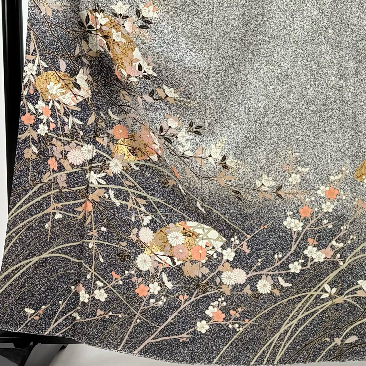 訪問服 身長163.5cm 袖長64cm M 雙層 扇子面 菊花 金彩裝飾 漸層 黑灰 純蠶絲 優品級