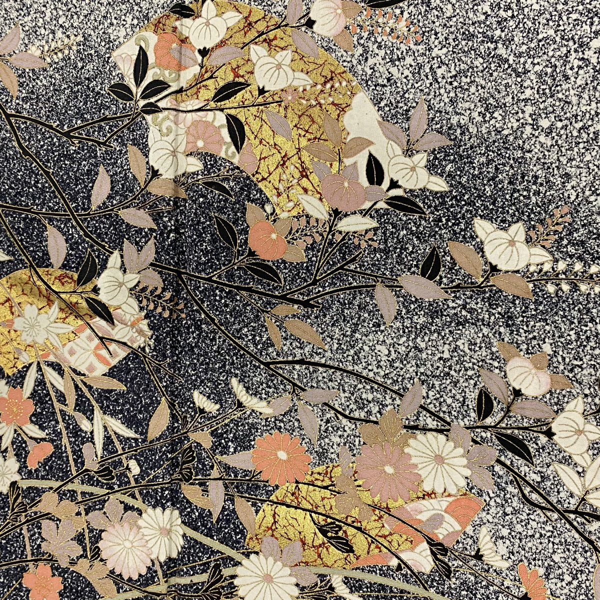 訪問服 身長163.5cm 袖長64cm M 雙層 扇子面 菊花 金彩裝飾 漸層 黑灰 純蠶絲 優品級