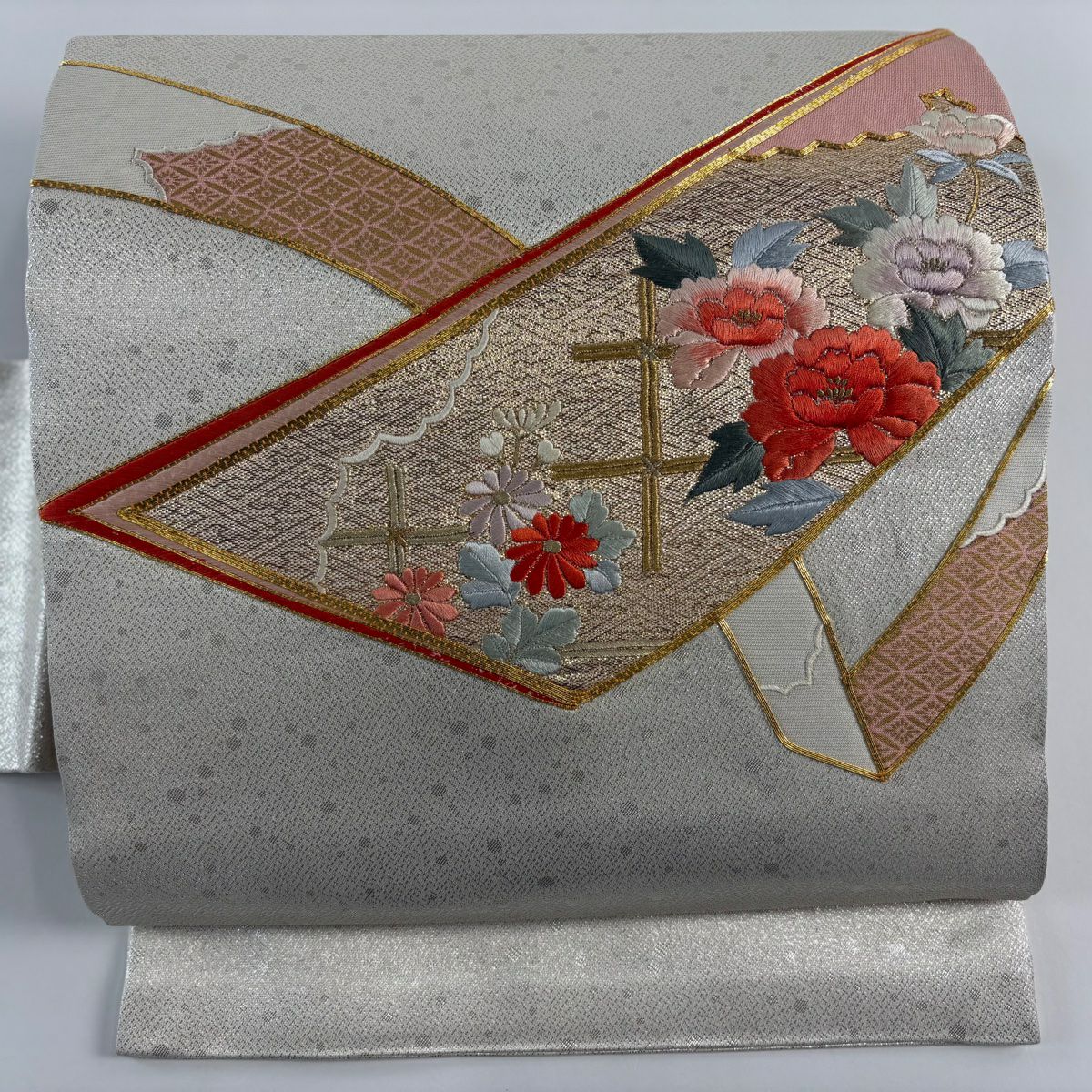 名古屋帶 優品級 牡丹 聽 金絲 刺繡 銀 純蠶絲