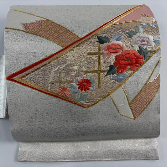 名古屋帶 優品級 牡丹 聽 金絲 刺繡 銀 純蠶絲