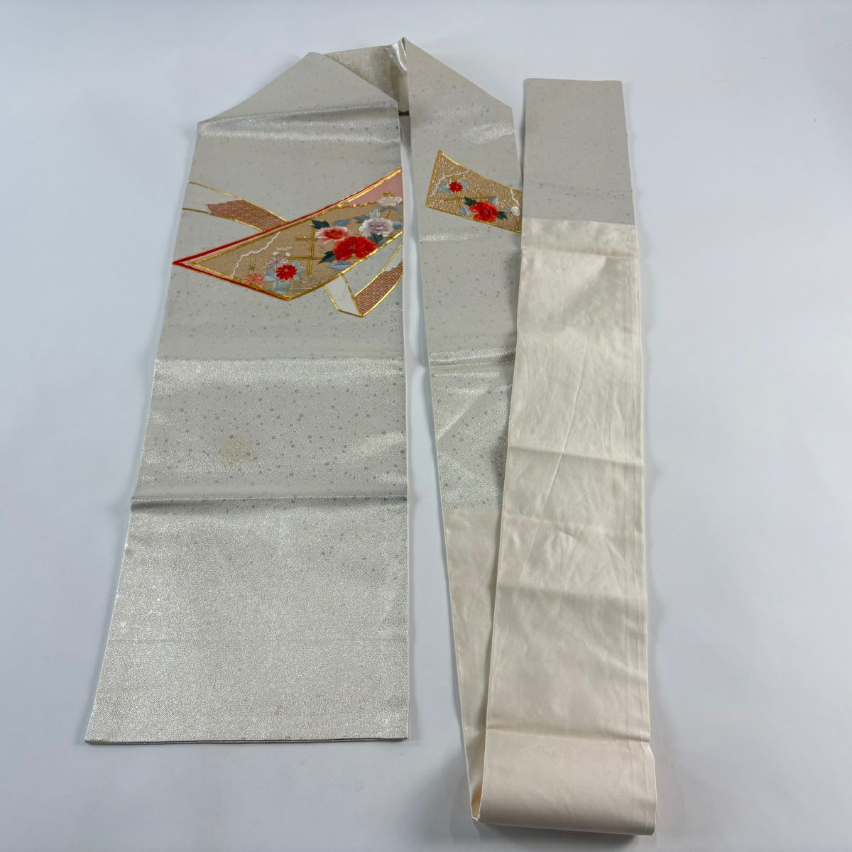 名古屋帶 優品級 牡丹 聽 金絲 刺繡 銀 純蠶絲