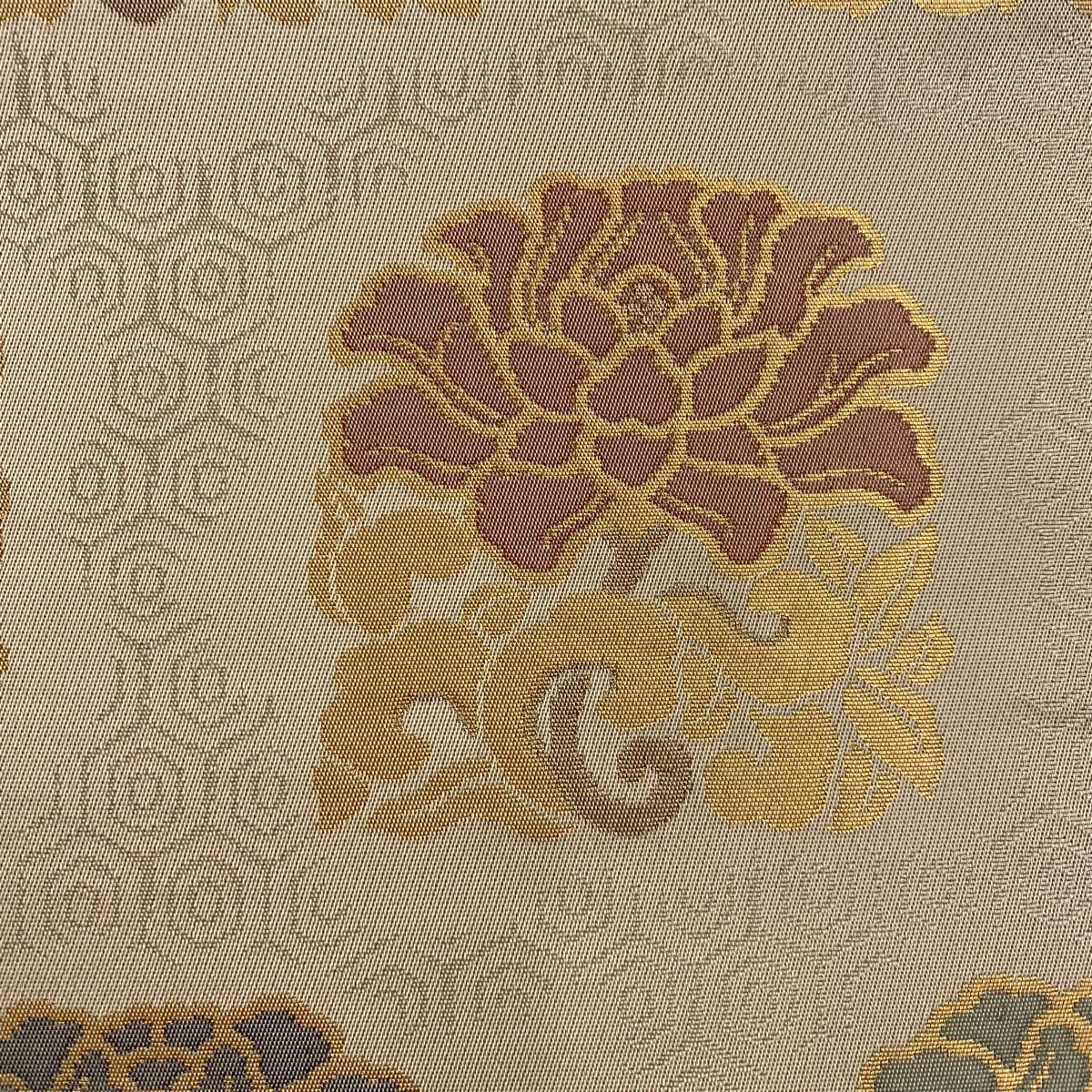 【美品】 袋帶 秀品級 落款あり 証紙あり 紋屋五左衛門 關西裁縫 草花紋紋 名物裂 金金箔 米色 六通 純蠶絲