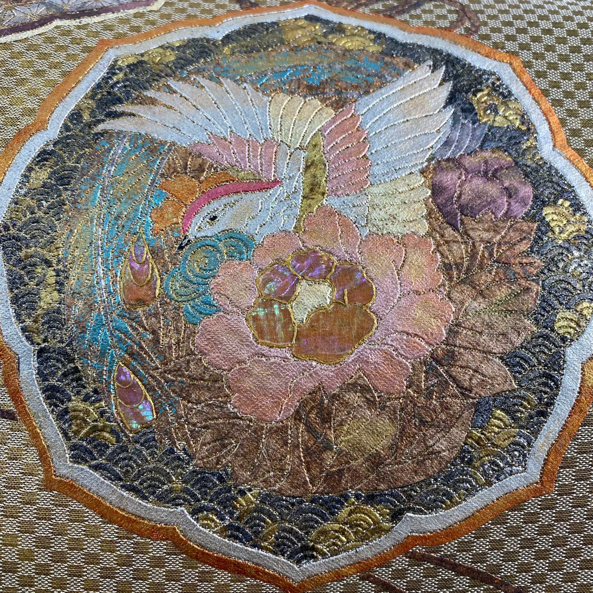 袋帶 秀品級 鏡裏文 花鳥 螺鈿 金銀彩 薄茶 純蠶絲