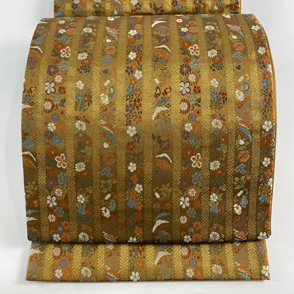 【美品】 袋帶 秀品級 花寶盡くし 金金箔 茶 六通 純蠶絲
