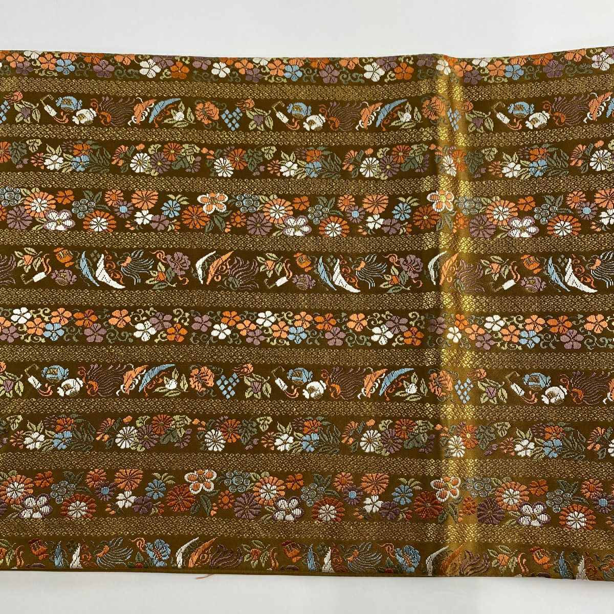 【美品】 袋帶 秀品級 花寶盡くし 金金箔 茶 六通 純蠶絲