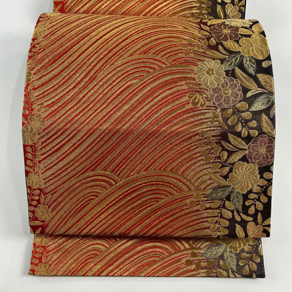 【美品】 袋帶 秀品級櫻花波金絲金箔紅六通純蠶絲