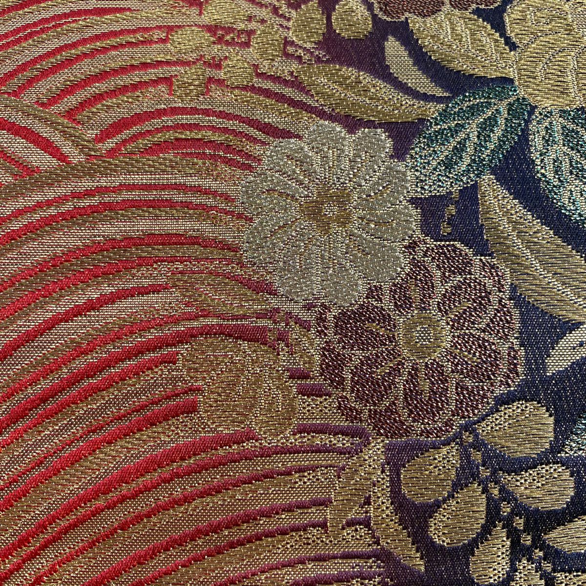 【美品】 袋帶 秀品級櫻花波金絲金箔紅六通純蠶絲