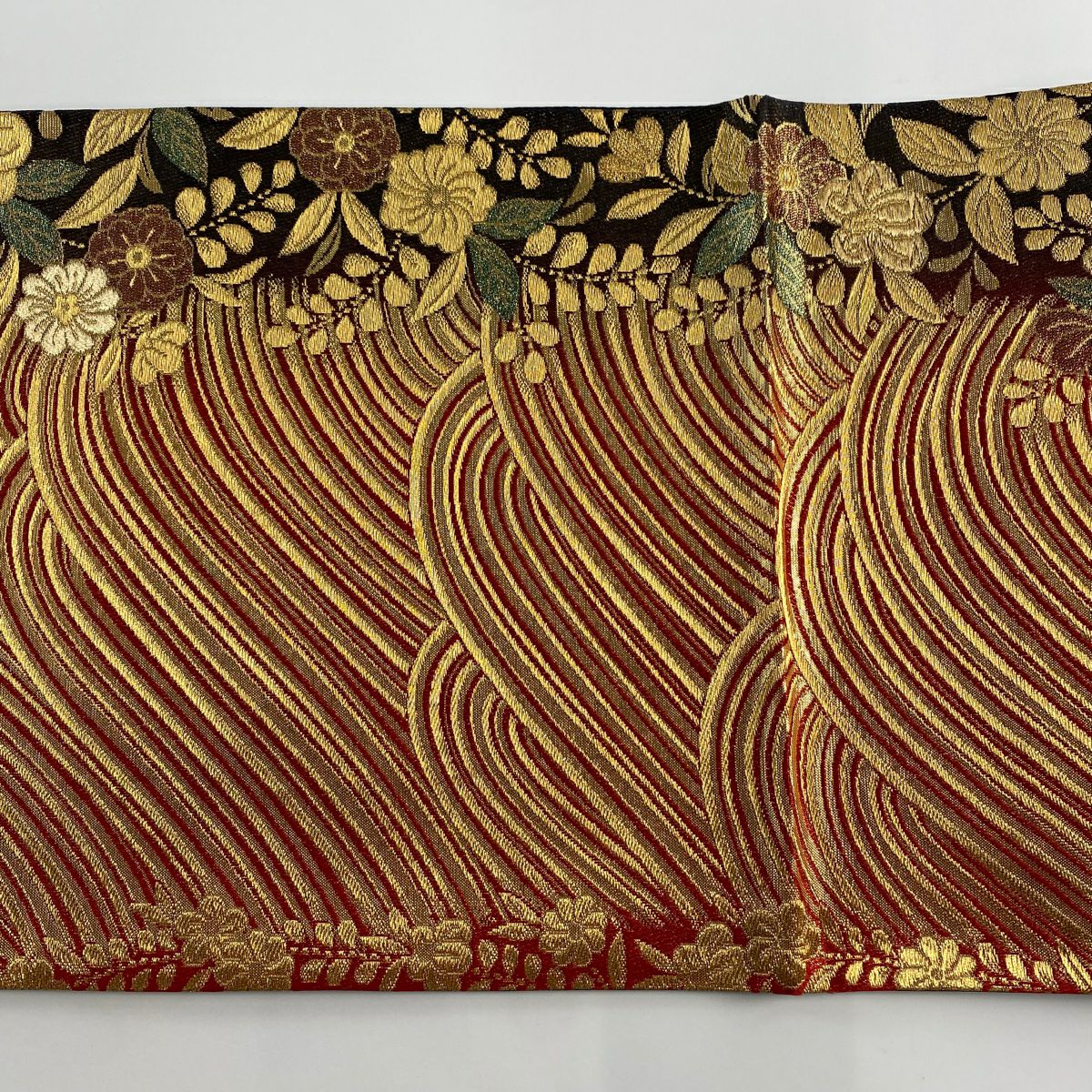 【美品】 袋帶 秀品級櫻花波金絲金箔紅六通純蠶絲