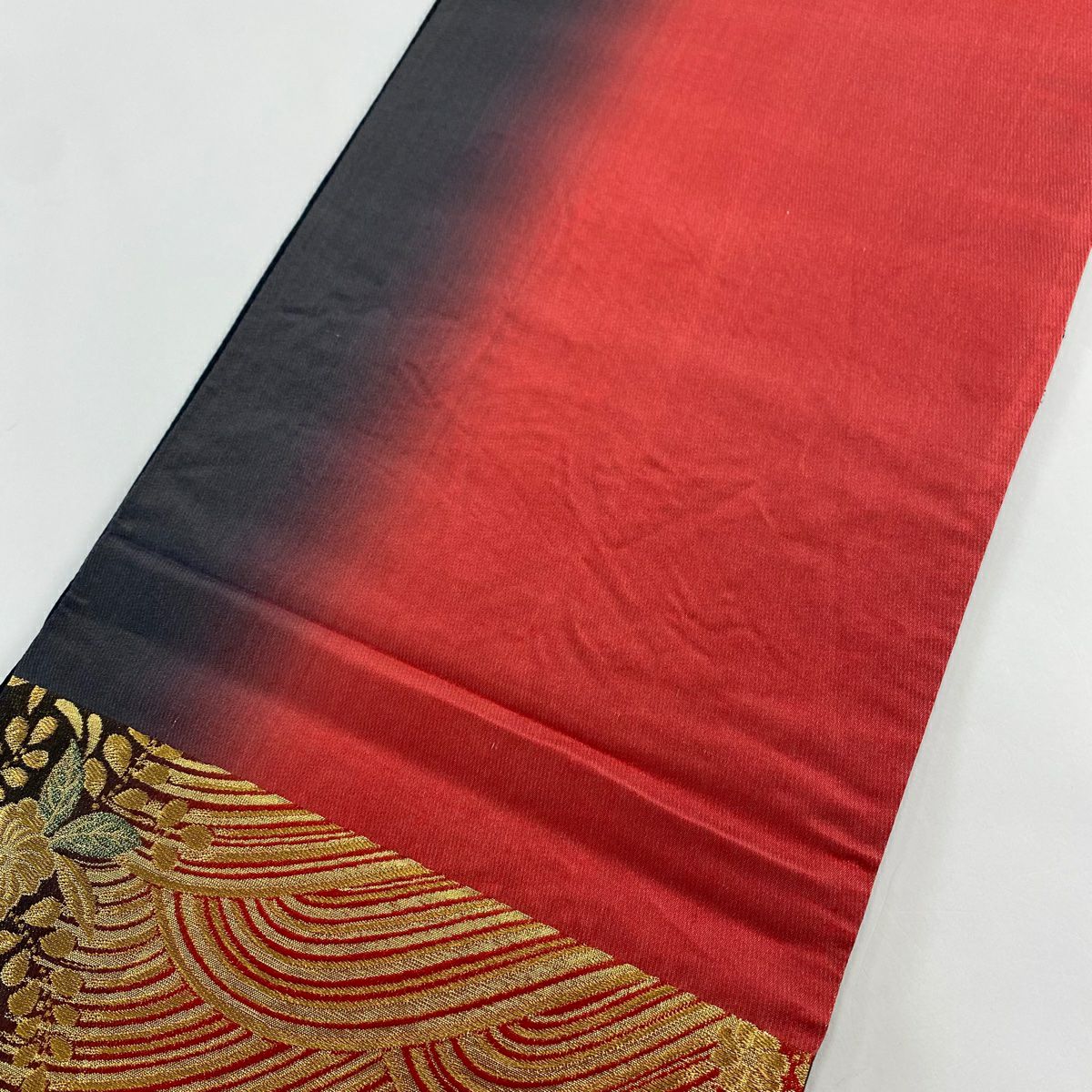 【美品】 袋帶 秀品級櫻花波金絲金箔紅六通純蠶絲