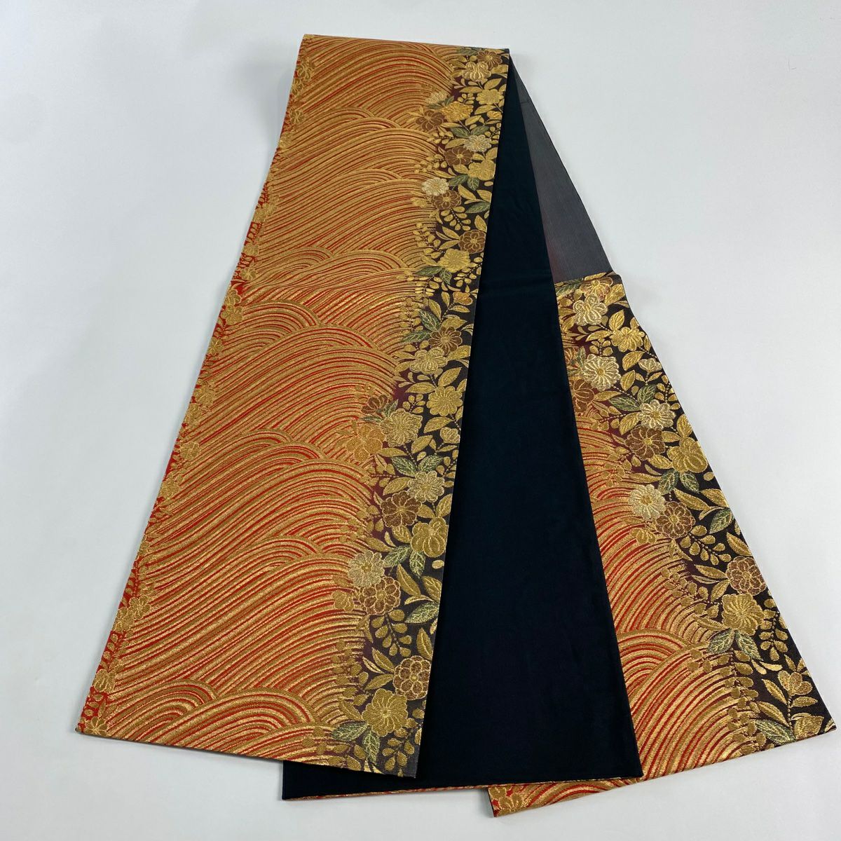 【美品】 袋帶 秀品級櫻花波金絲金箔紅六通純蠶絲