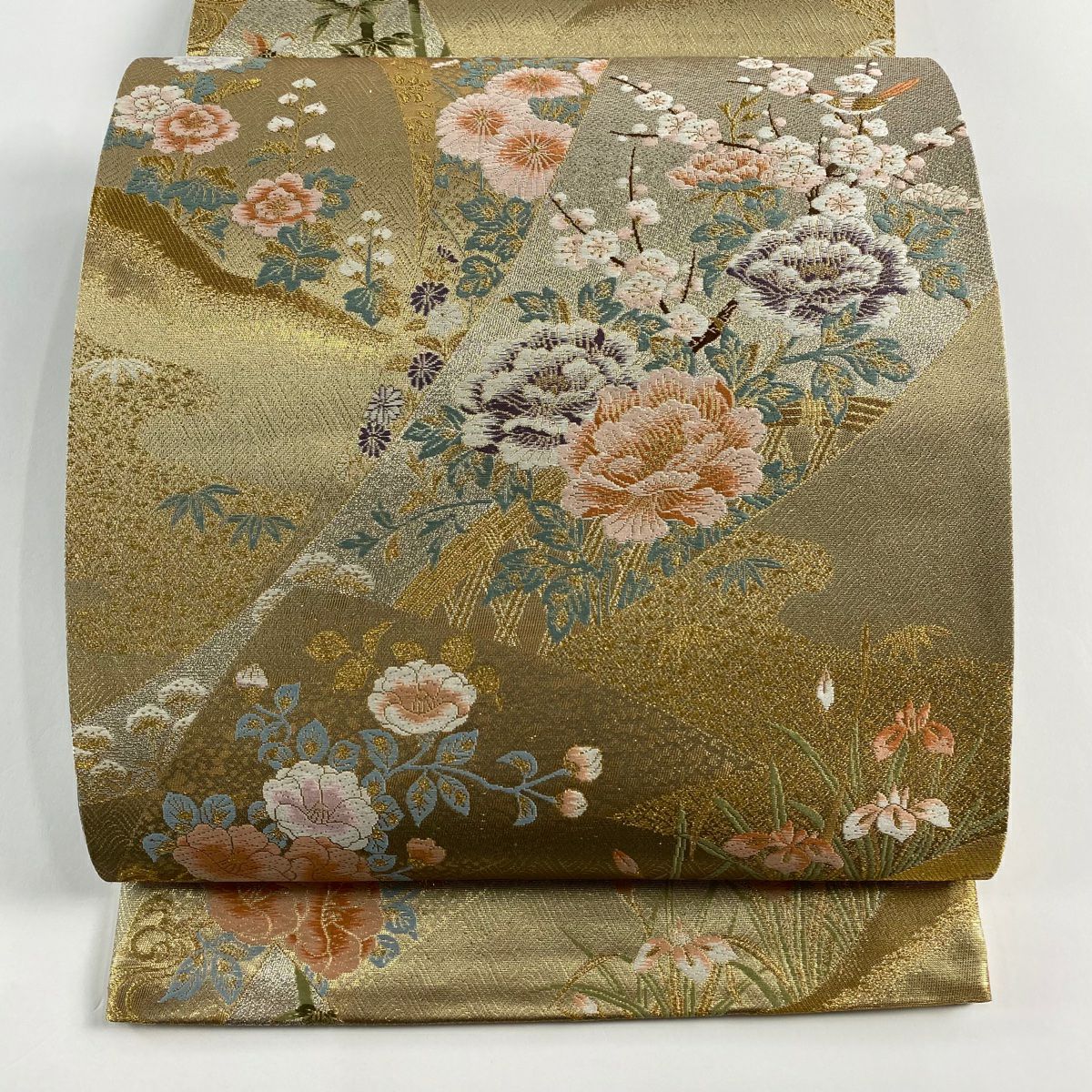【美品】 袋帶 秀品級 四季草花紋 金絲 金金箔 金 六通 純蠶絲
