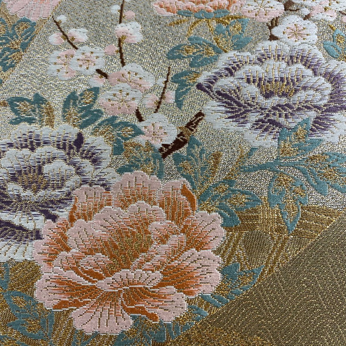 【美品】 袋帶 秀品級 四季草花紋 金絲 金金箔 金 六通 純蠶絲