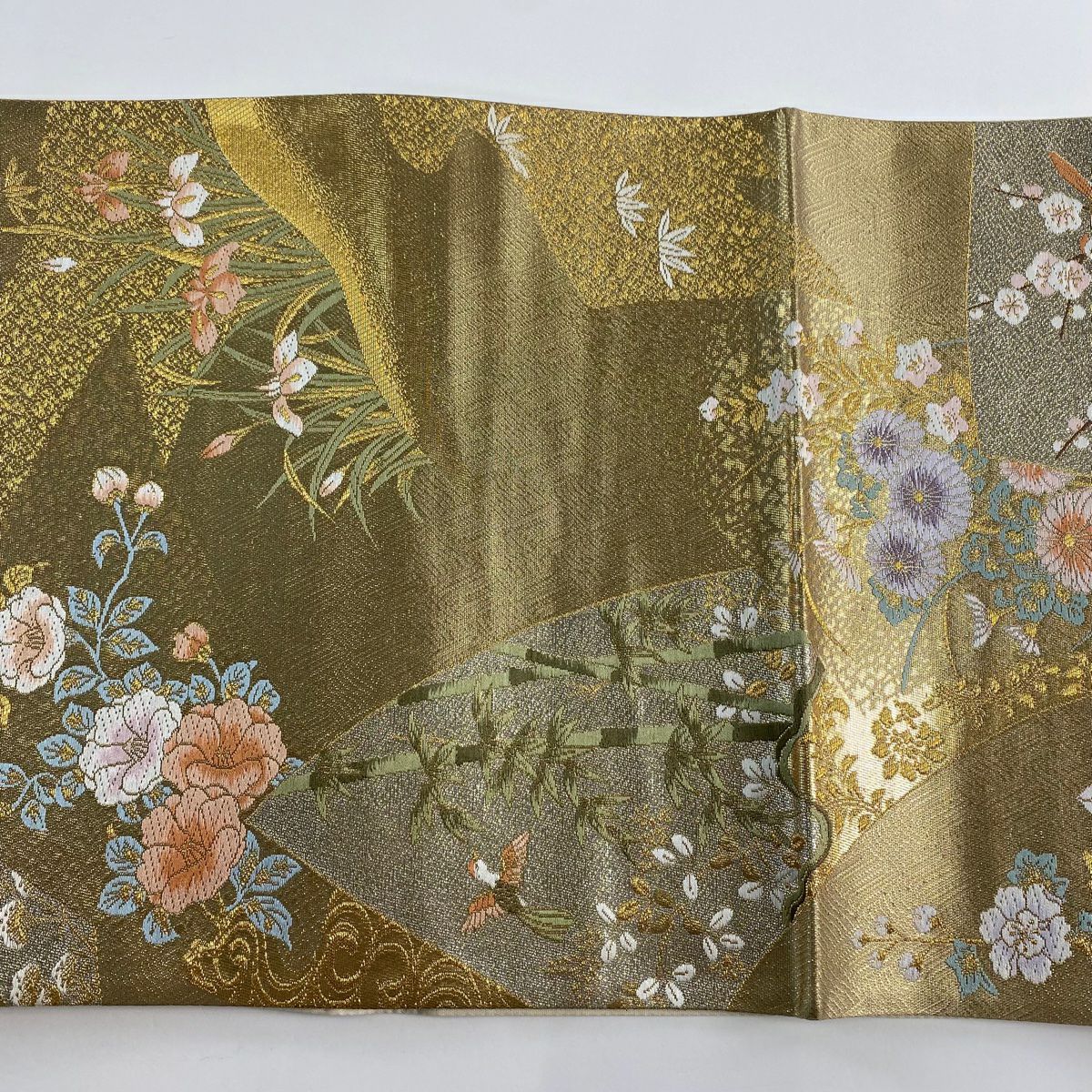 【美品】 袋帶 秀品級 四季草花紋 金絲 金金箔 金 六通 純蠶絲