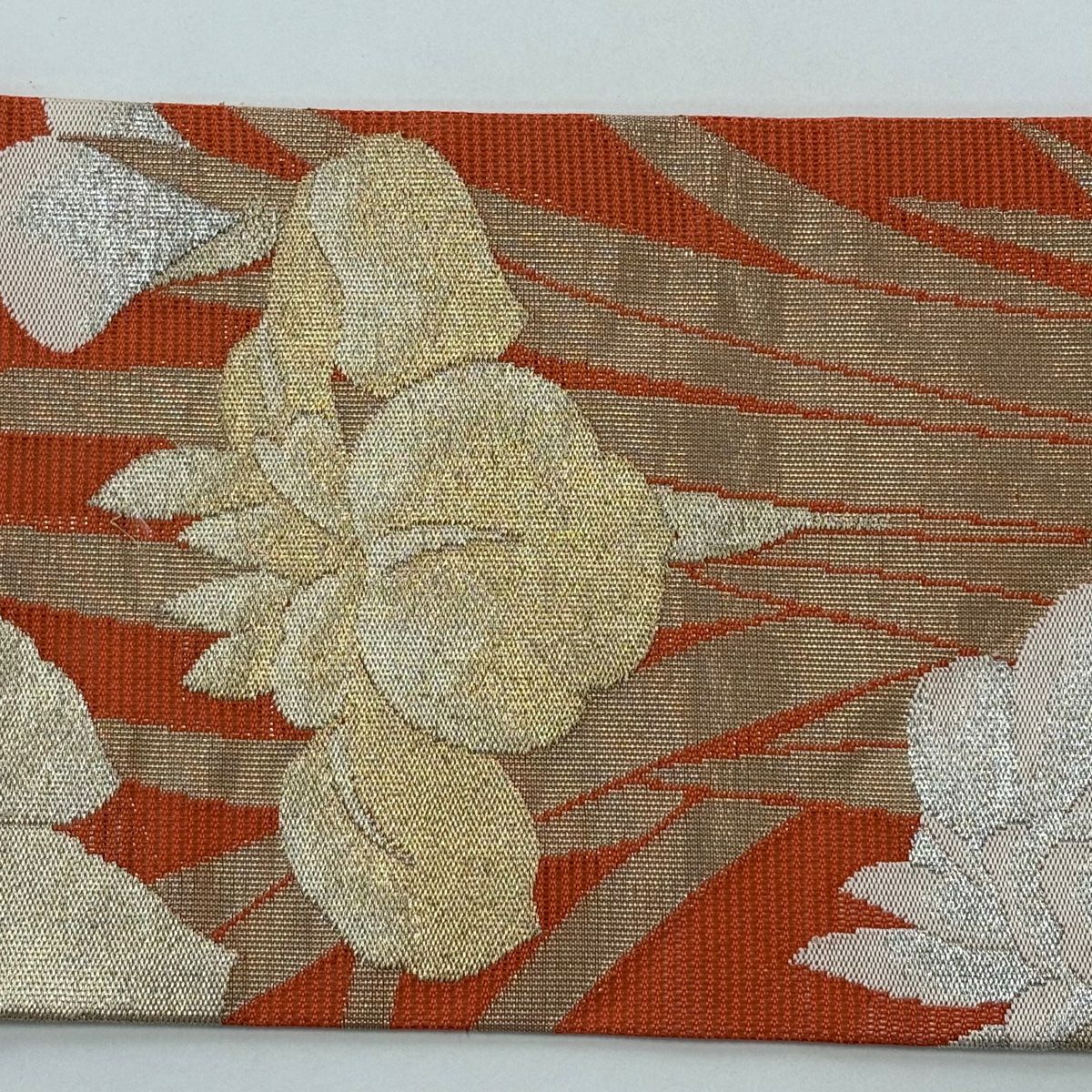 名古屋帶 優品級 夏帶 絽 菖蒲 金銀彩 金金箔 橙色 純蠶絲