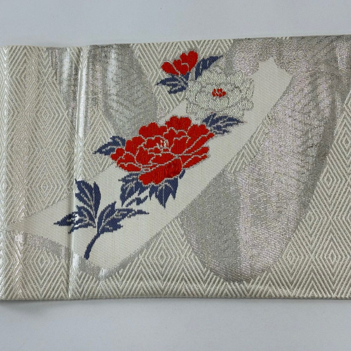 名古屋帶 優品級 枝花 龜甲 金銀彩 唐織 銀色 純蠶絲