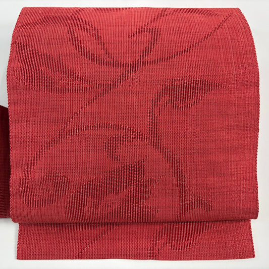 【美品】名古屋帶 優品級 夏帶 八寸名古屋帶 花唐草紋 茜 純蠶絲