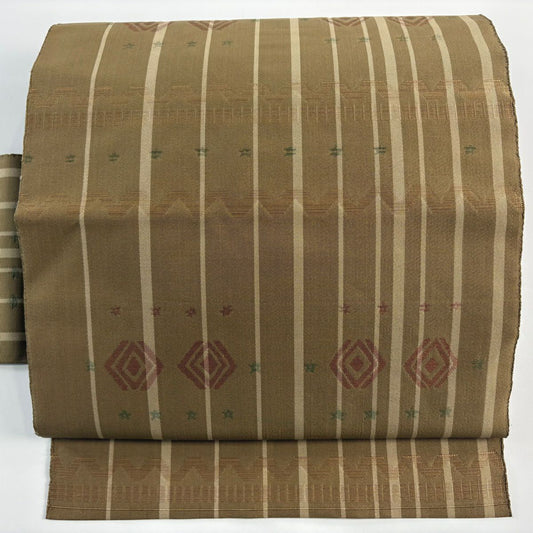 【美品】名古屋帶 優品級 八寸名古屋帶 縞 幾何圖案 薄茶 純蠶絲