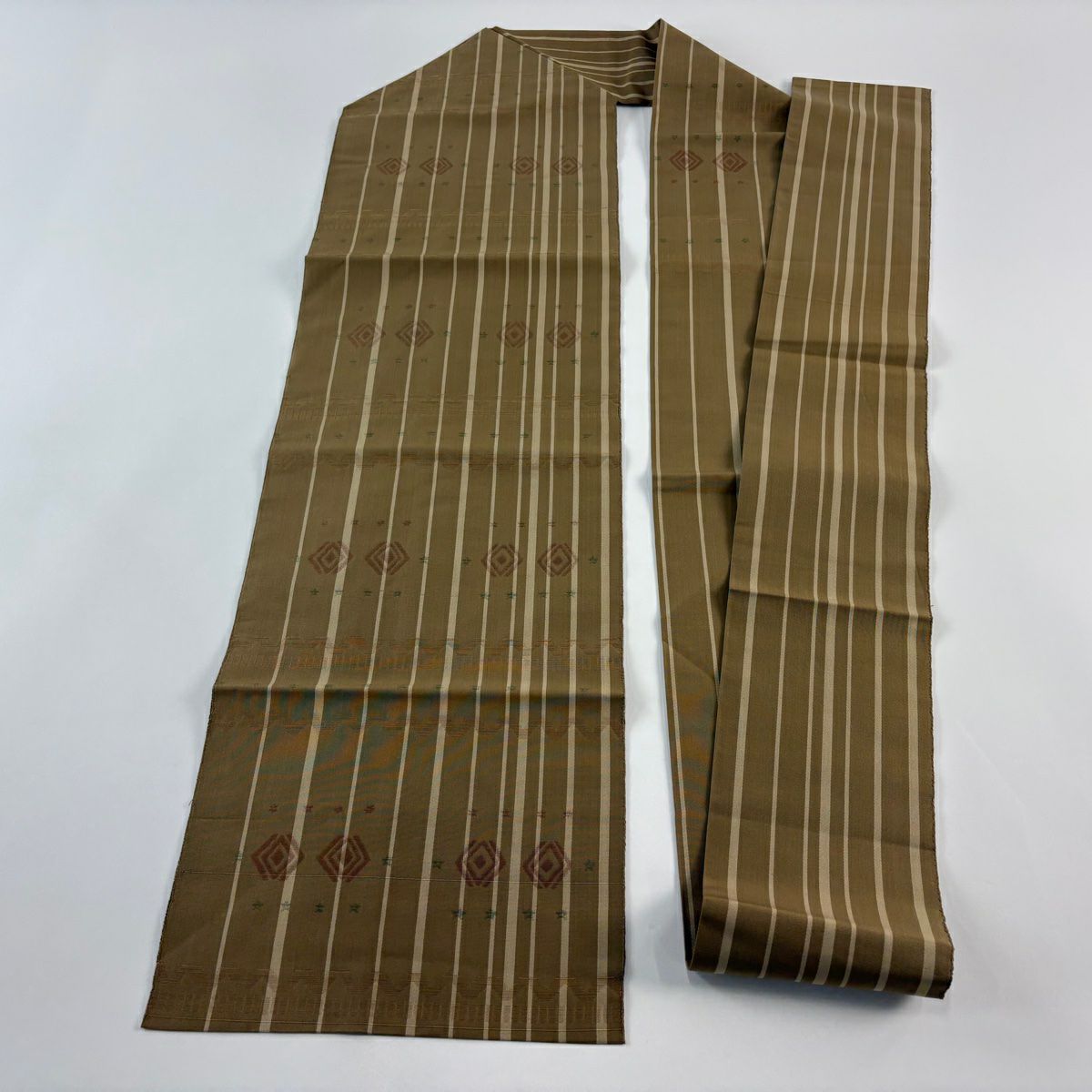 【美品】名古屋帶 優品級 八寸名古屋帶 縞 幾何圖案 薄茶 純蠶絲