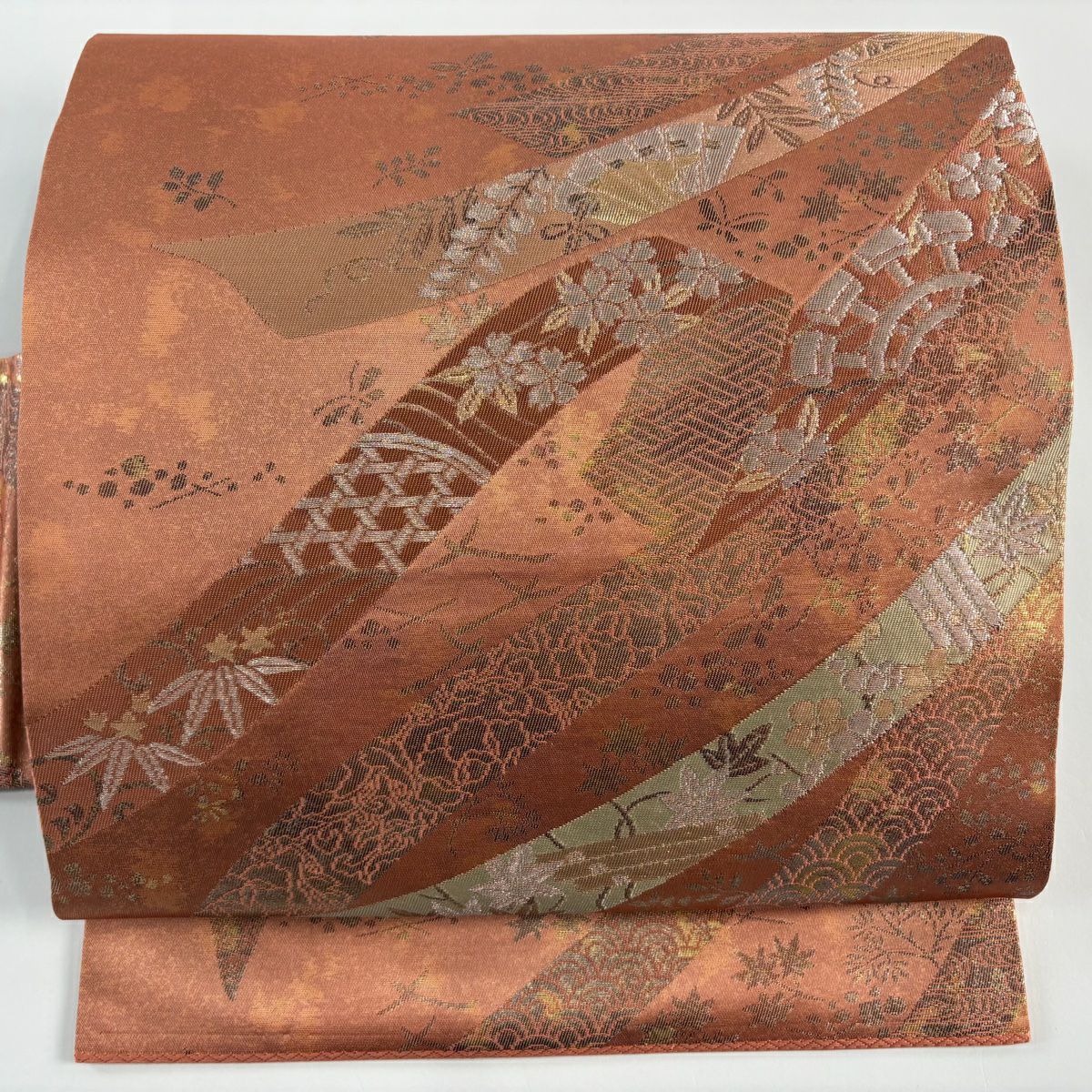 名古屋帶 優品級 關西仕立 草花紋紋 檜扇子 金金箔 銀線 橙色 純蠶絲