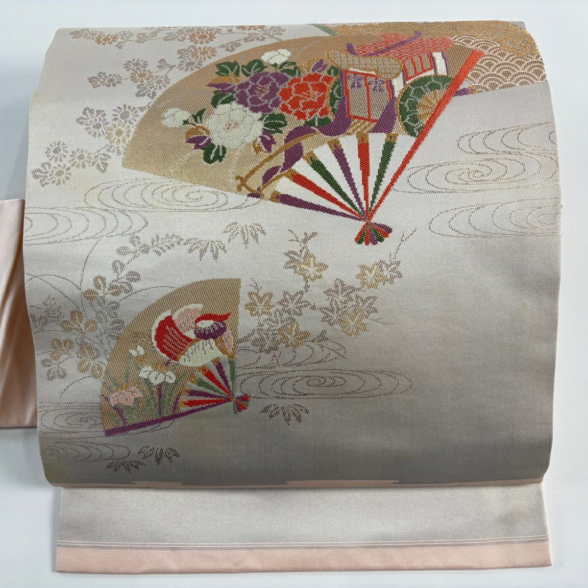 名古屋帶 優品級 關西仕立 扇子 草花紋 金金箔 灰 純蠶絲
