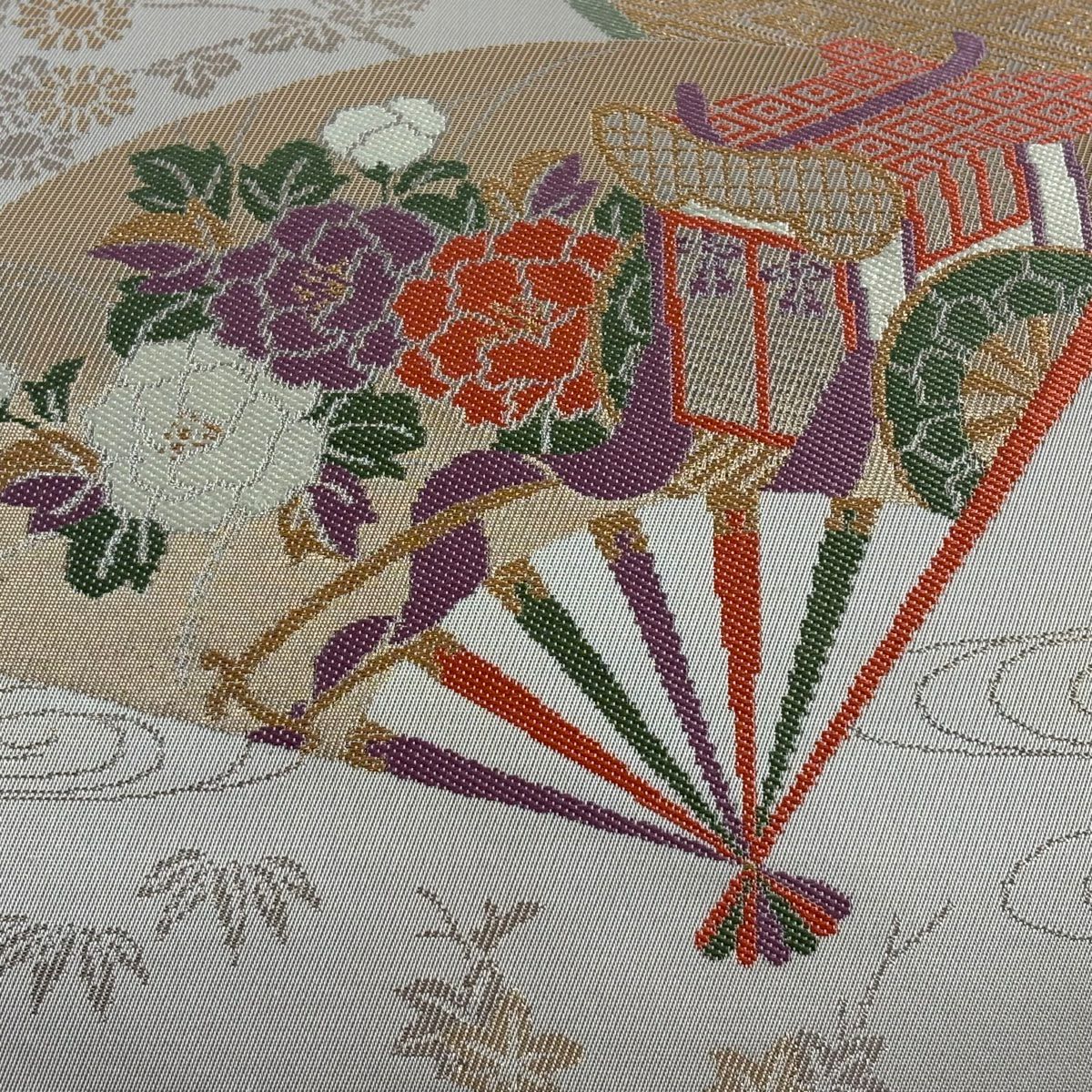 名古屋帶 優品級 關西仕立 扇子 草花紋 金金箔 灰 純蠶絲