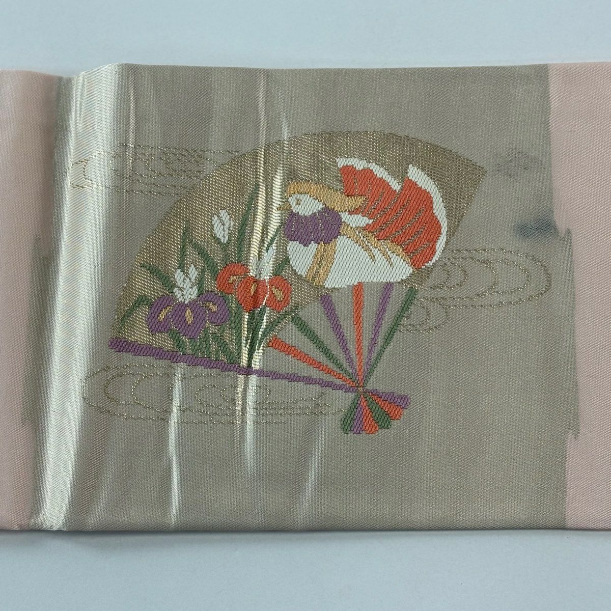 名古屋帶 優品級 關西仕立 扇子 草花紋 金金箔 灰 純蠶絲
