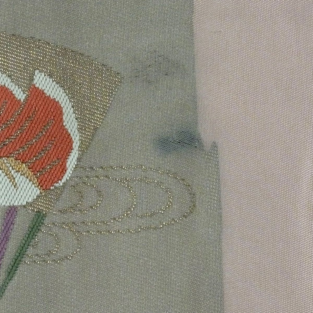 名古屋帶 優品級 關西仕立 扇子 草花紋 金金箔 灰 純蠶絲