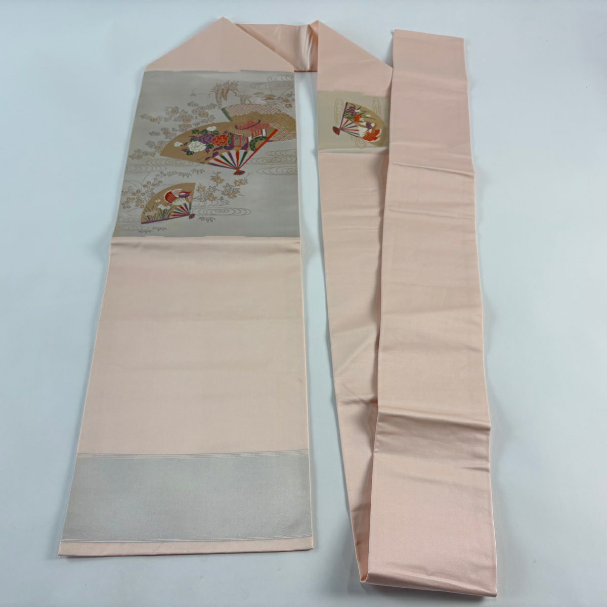 名古屋帶 優品級 關西仕立 扇子 草花紋 金金箔 灰 純蠶絲