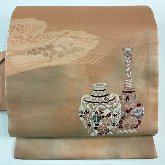 名古屋帶 優品級 器物 雲紋 金金箔 鮭粉色 純蠶絲