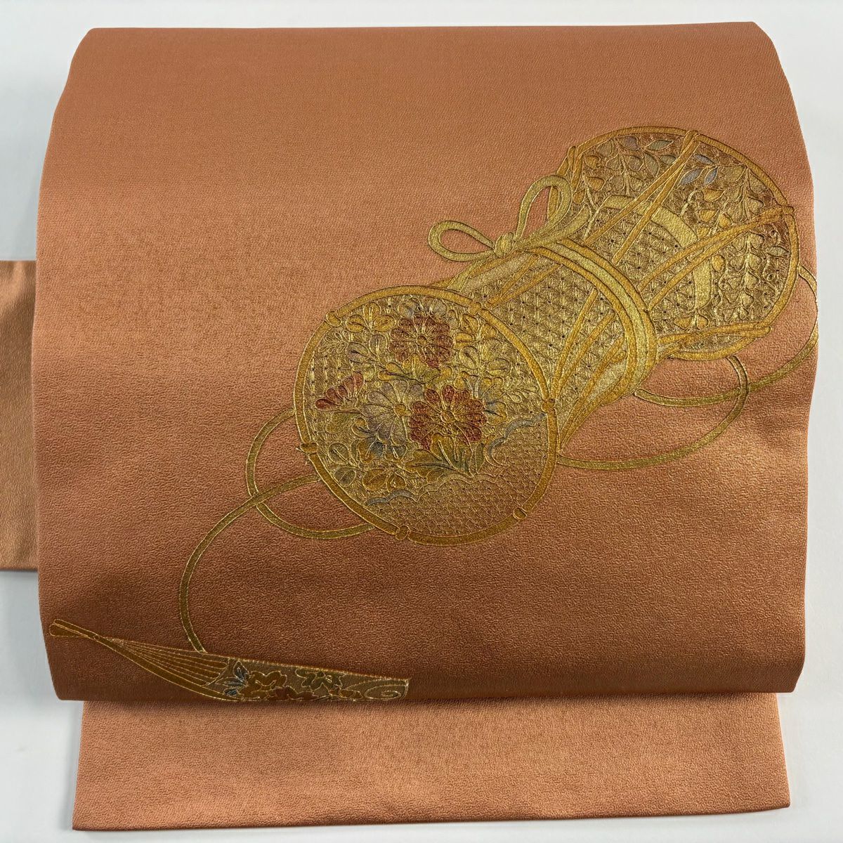【美品】名古屋帶 優品級 鼓扇子 金糸 金金箔 淺橙色 純蠶絲
