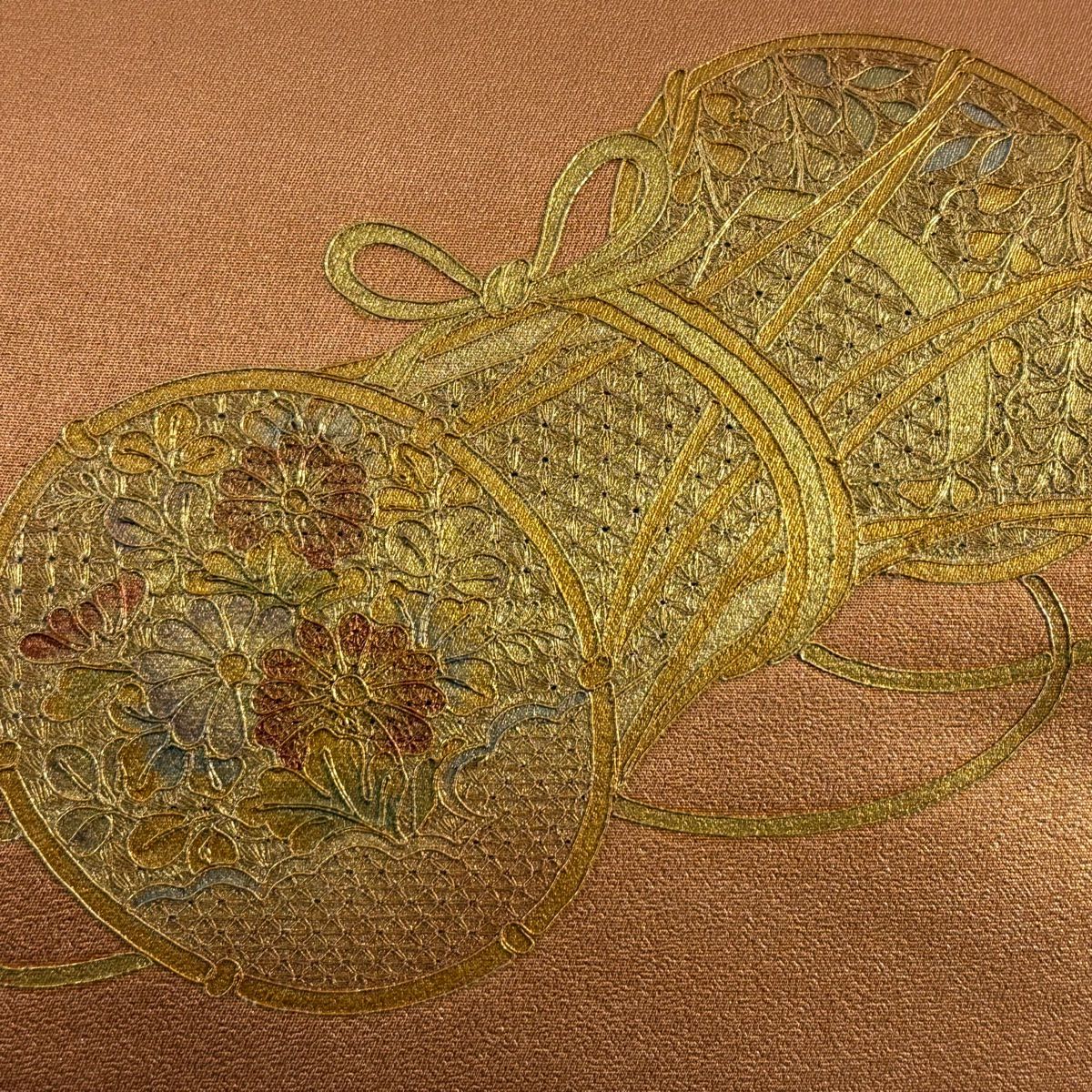 【美品】名古屋帶 優品級 鼓扇子 金糸 金金箔 淺橙色 純蠶絲
